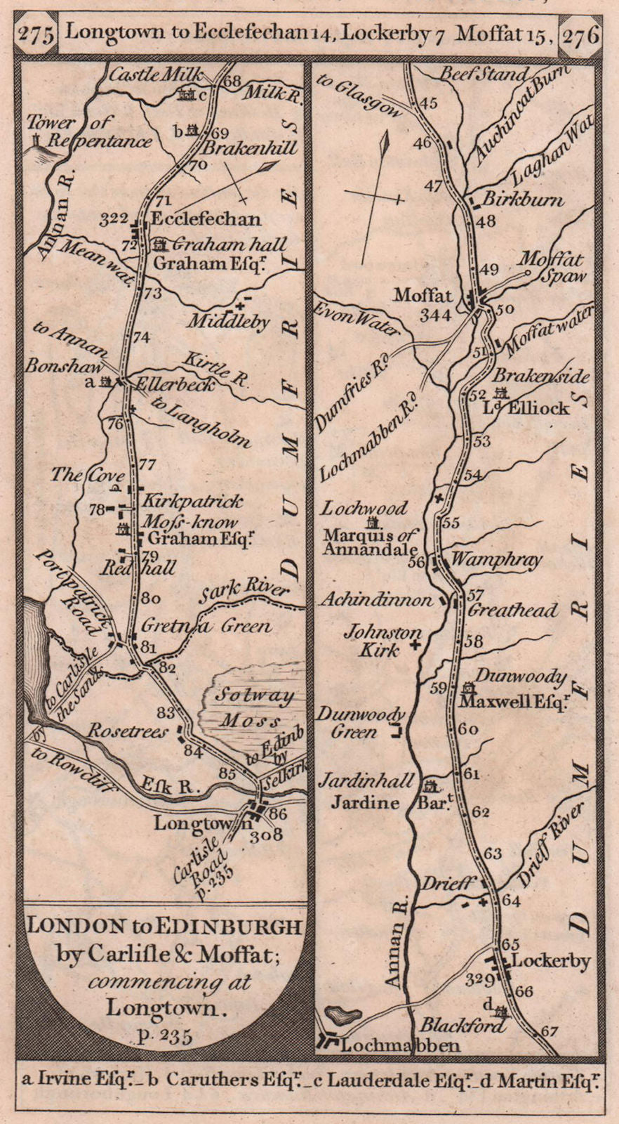 Longtown - Gretna Green - Lockerbie - Moffat road strip map PATERSON 1803